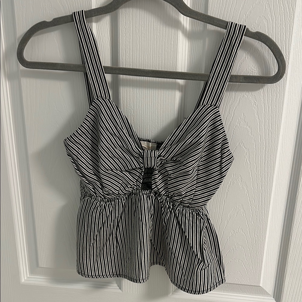 Monteau Black and White Tie Front Peplum Tank Top